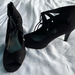 ANA black suede Women’s lattice high heels. Size 12M. Gently worn.